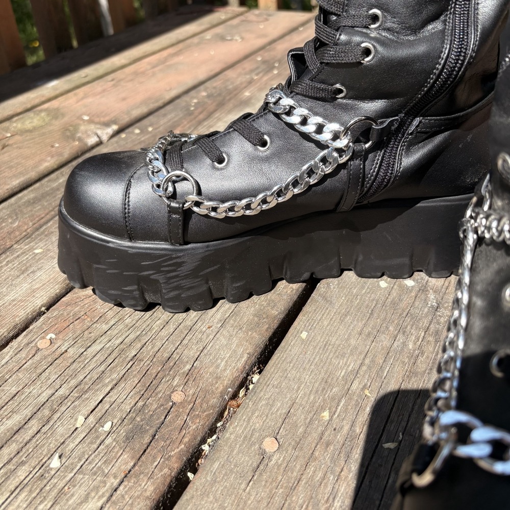 Cape Robbin Emo Stomp Platform Boots Black Chain Y2K Chunky Lace Up Zip Knee 10 - Picture 11 of 13
